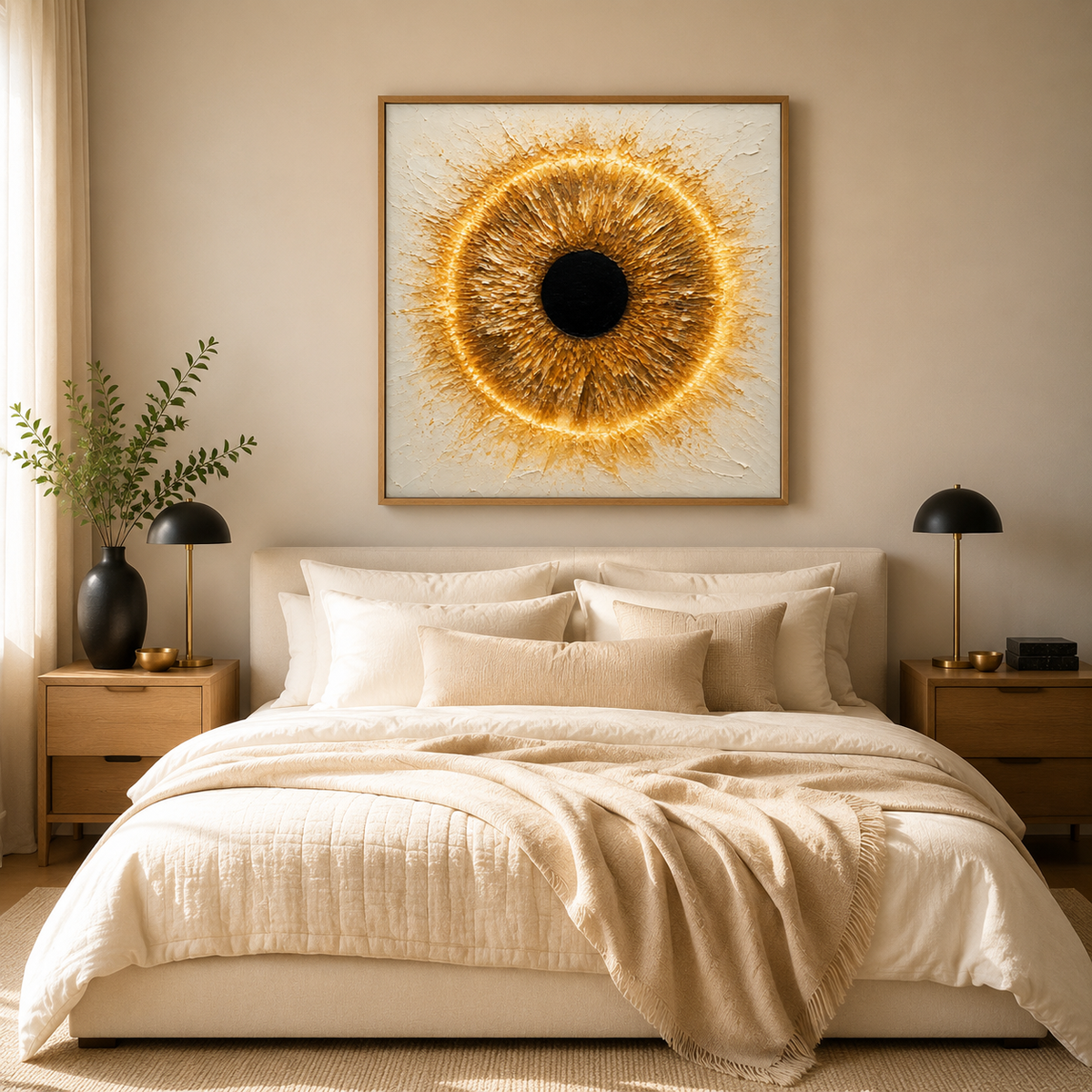 Eye painting abstract canvas print in an oak frame above a bedroom headboard — Solar Iris by Rossetti Art
