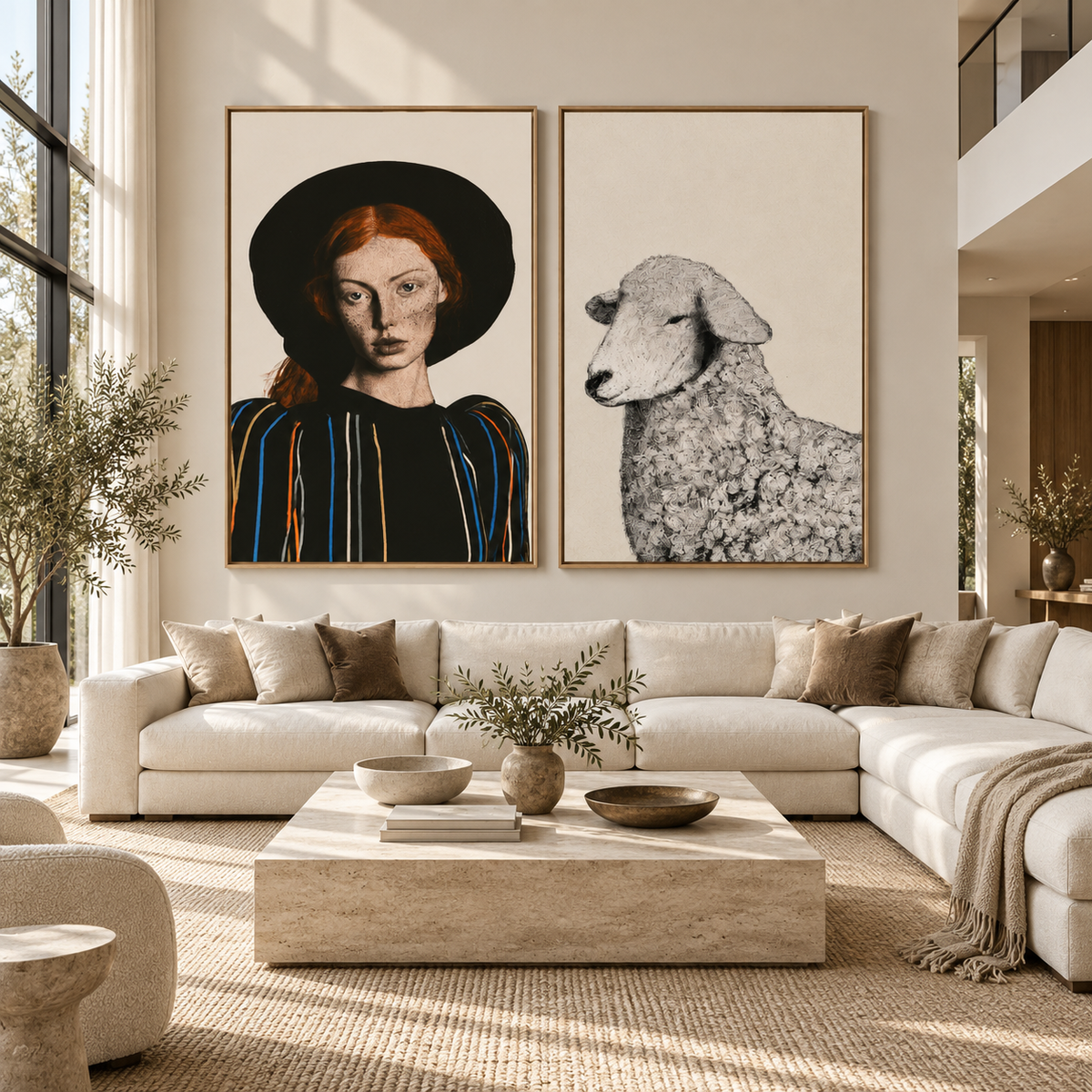 Sheep wall art and portrait canvas set displayed above a living room sofa – Muse & Meadow by Rossetti Art