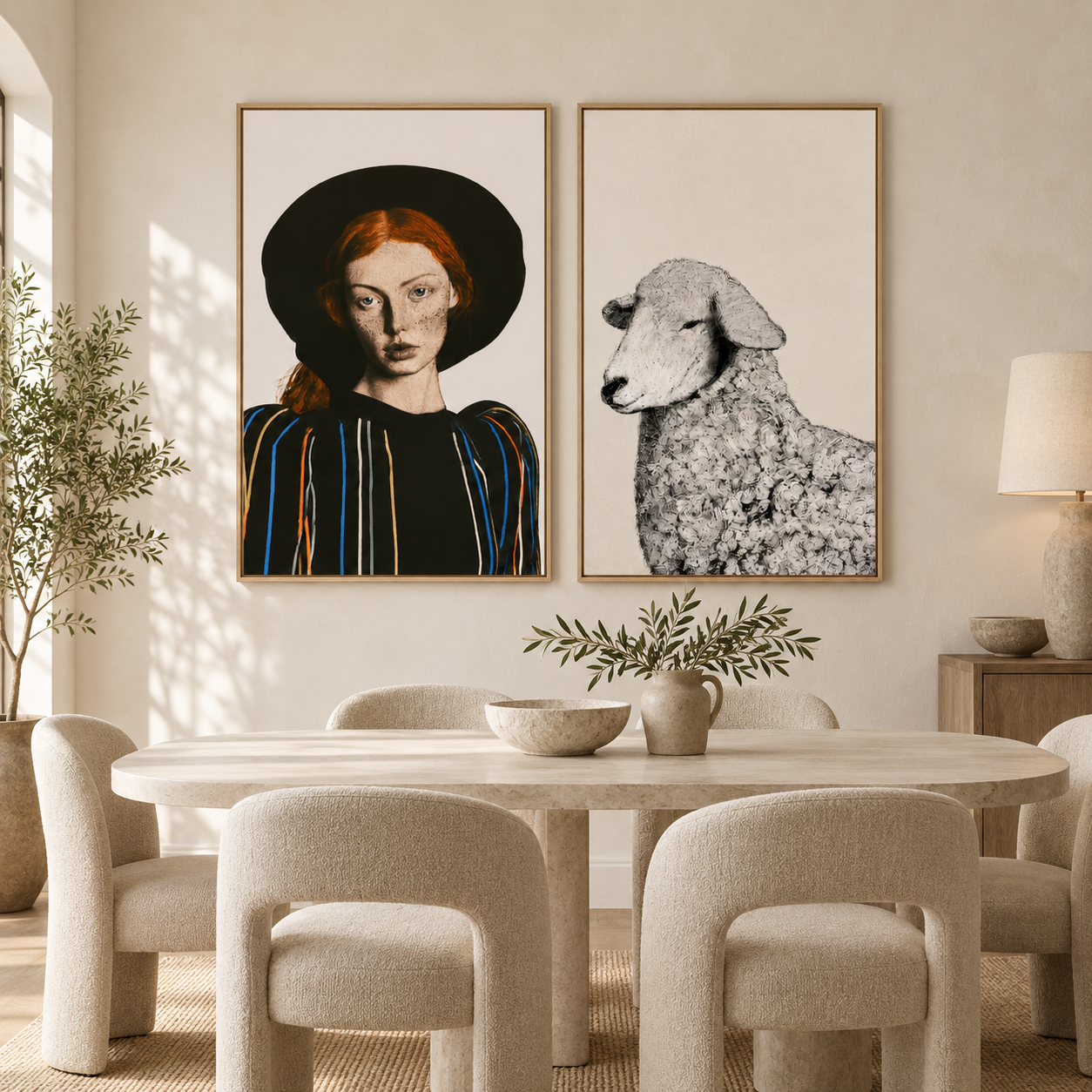 Sheep wall art and portrait canvas set hung above a dining table – Muse & Meadow by Rossetti Art