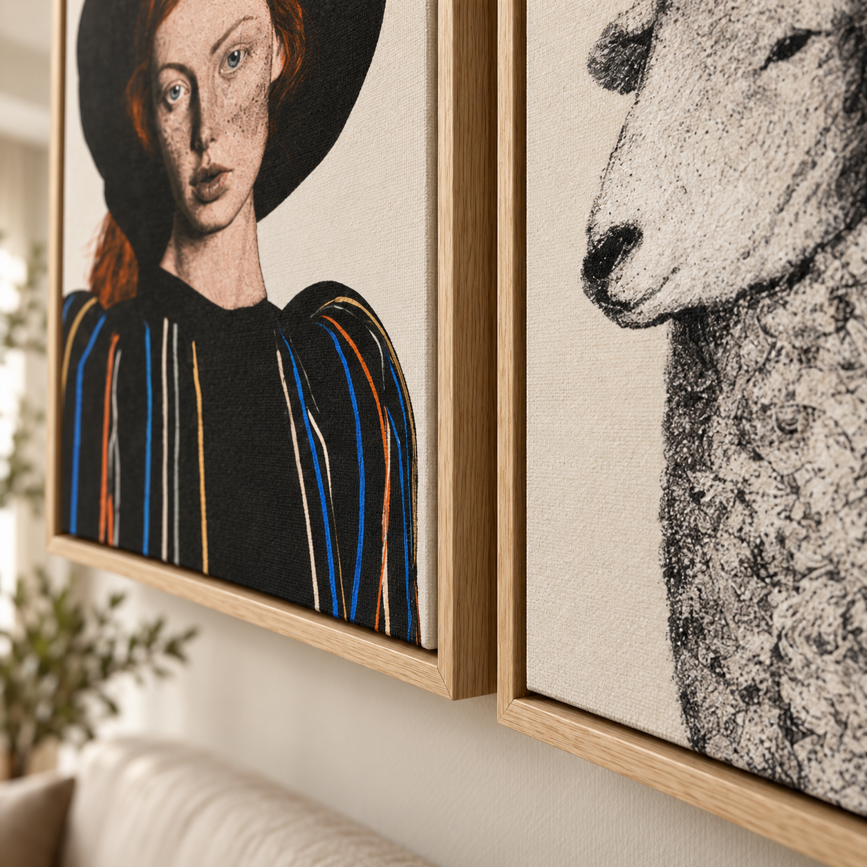 Close-up of oak floater frame detail on the sheep wall art and portrait canvas set – Muse & Meadow by Rossetti Art