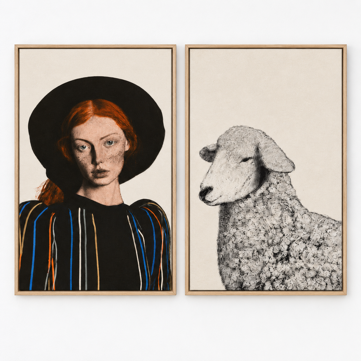 Sheep wall art and portrait canvas set on a white wall – Muse & Meadow by Rossetti Art