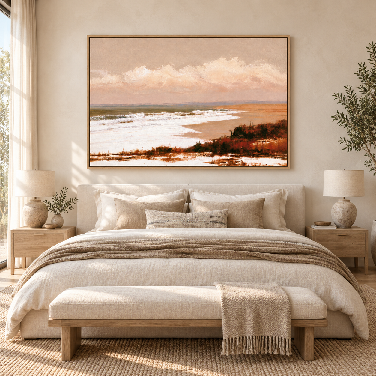 Beach painting displayed above a bedroom bed – Dune Light by Rossetti Art