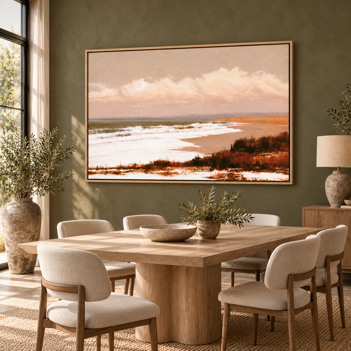 Beach painting above a dining room sideboard – Dune Light by Rossetti Art