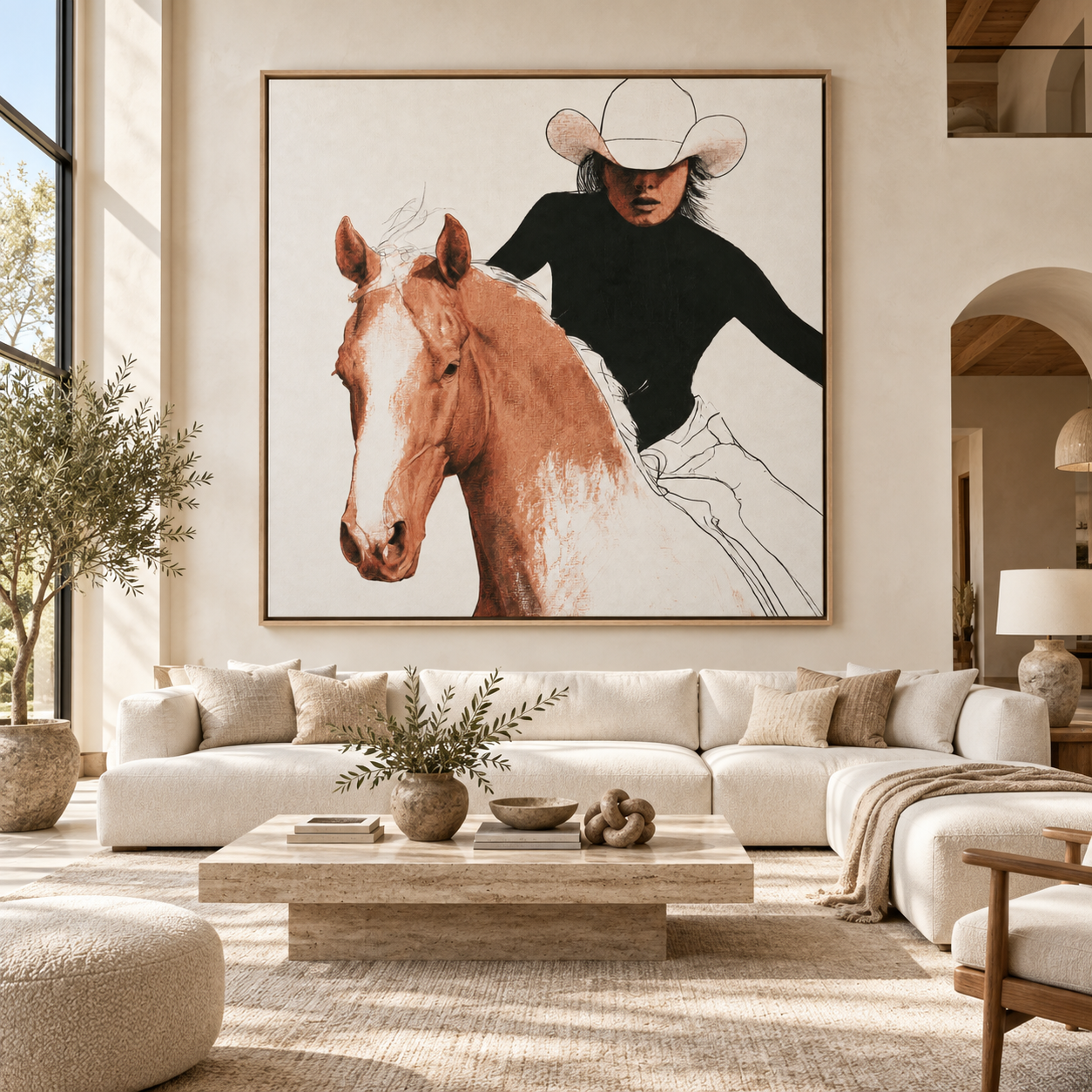 Cowgirl painting canvas print above a living room sectional sofa – Golden Rein by Rossetti Art