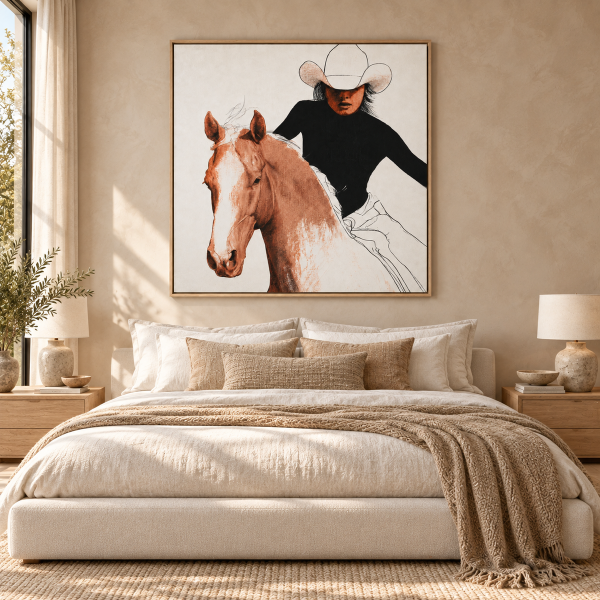 Cowgirl painting canvas print above a bedroom bed – Golden Rein by Rossetti Art