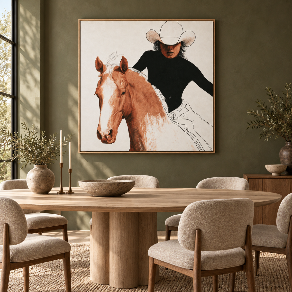 Cowgirl painting canvas print above a dining room table – Golden Rein by Rossetti Art