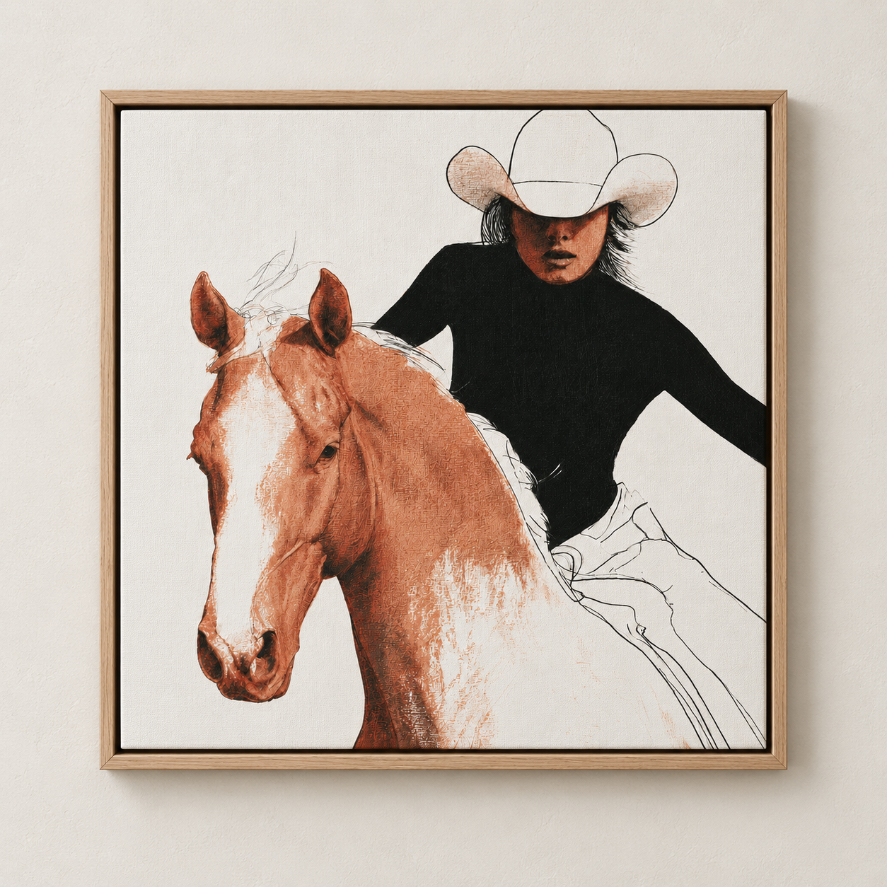 Cowgirl painting square canvas print on a plain wall – Golden Rein by Rossetti Art