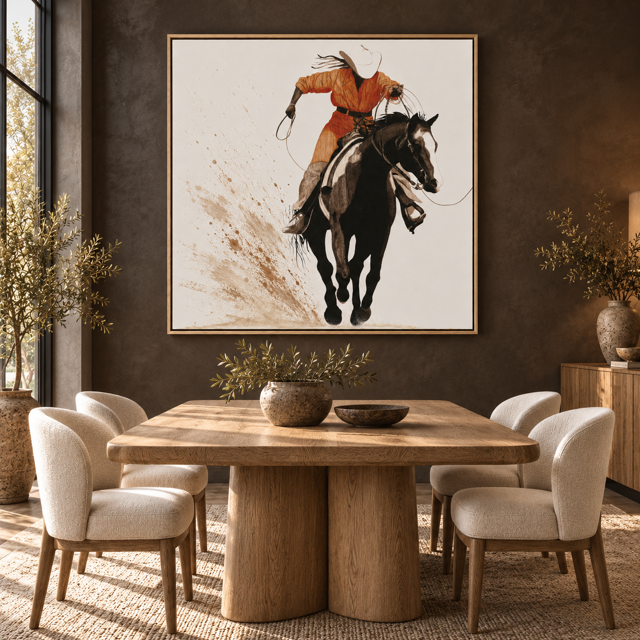 Cowboy roping painting hanging in a dining room – Rust and Rope by Rossetti Art