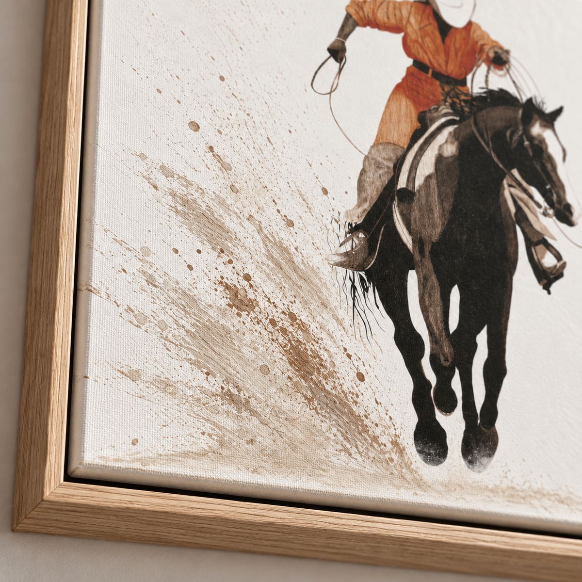 Close-up detail of the rust-orange and black and white pinto horse cowboy painting – Rust and Rope by Rossetti Art
