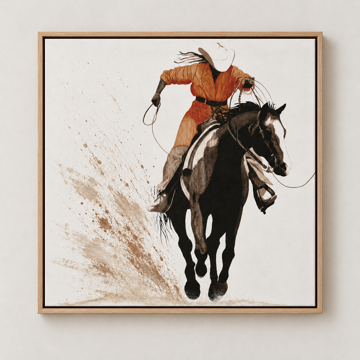 Cowboy painting of a roper on a black and white pinto horse shown on a plain wall – Rust and Rope by Rossetti Art