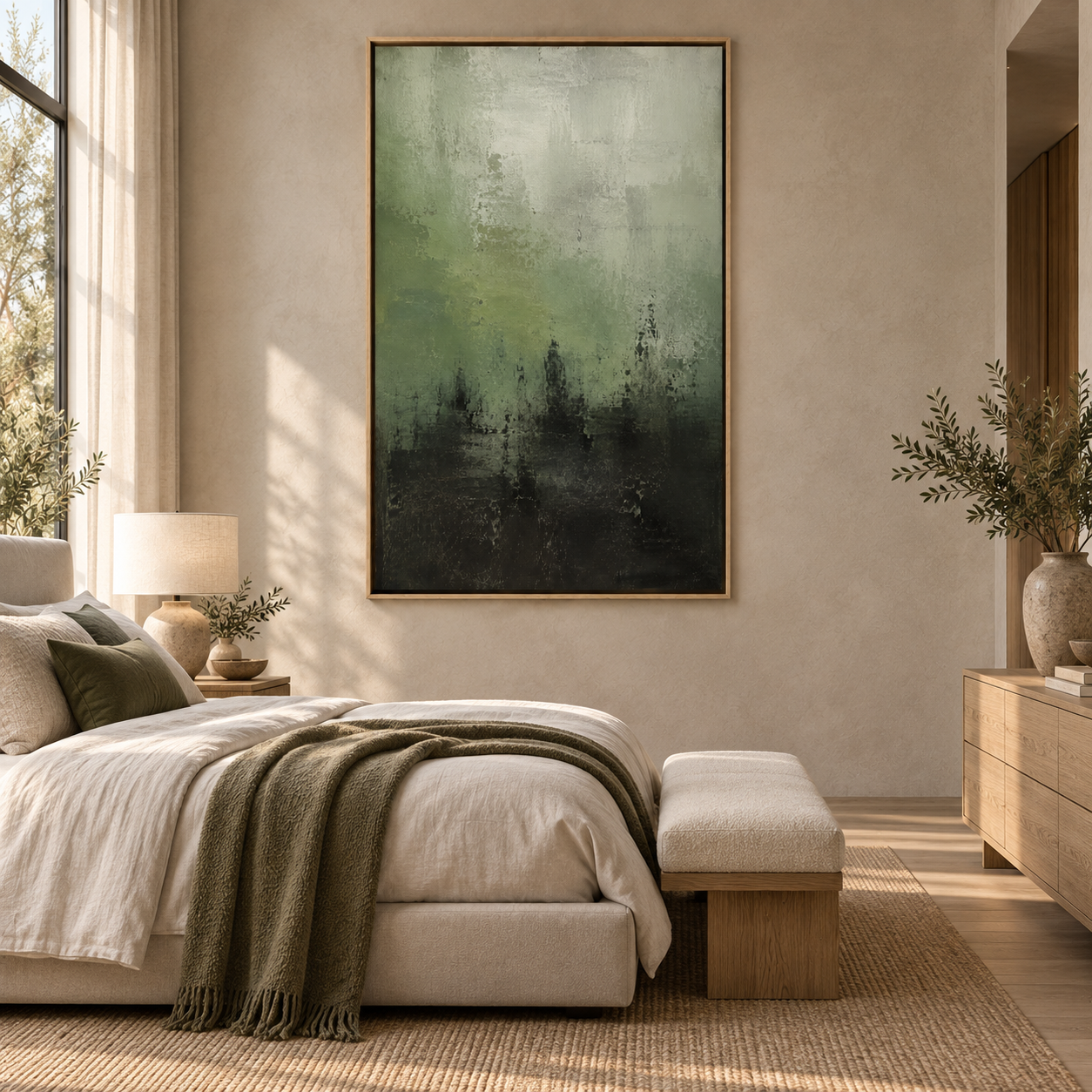 Sage green abstract canvas hanging above a bed in a bedroom – Verdigris Horizon by Rossetti Art