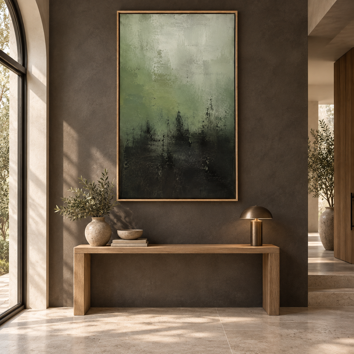 Moody abstract cityscape canvas hanging above a console table in an entryway – Verdigris Horizon by Rossetti Art