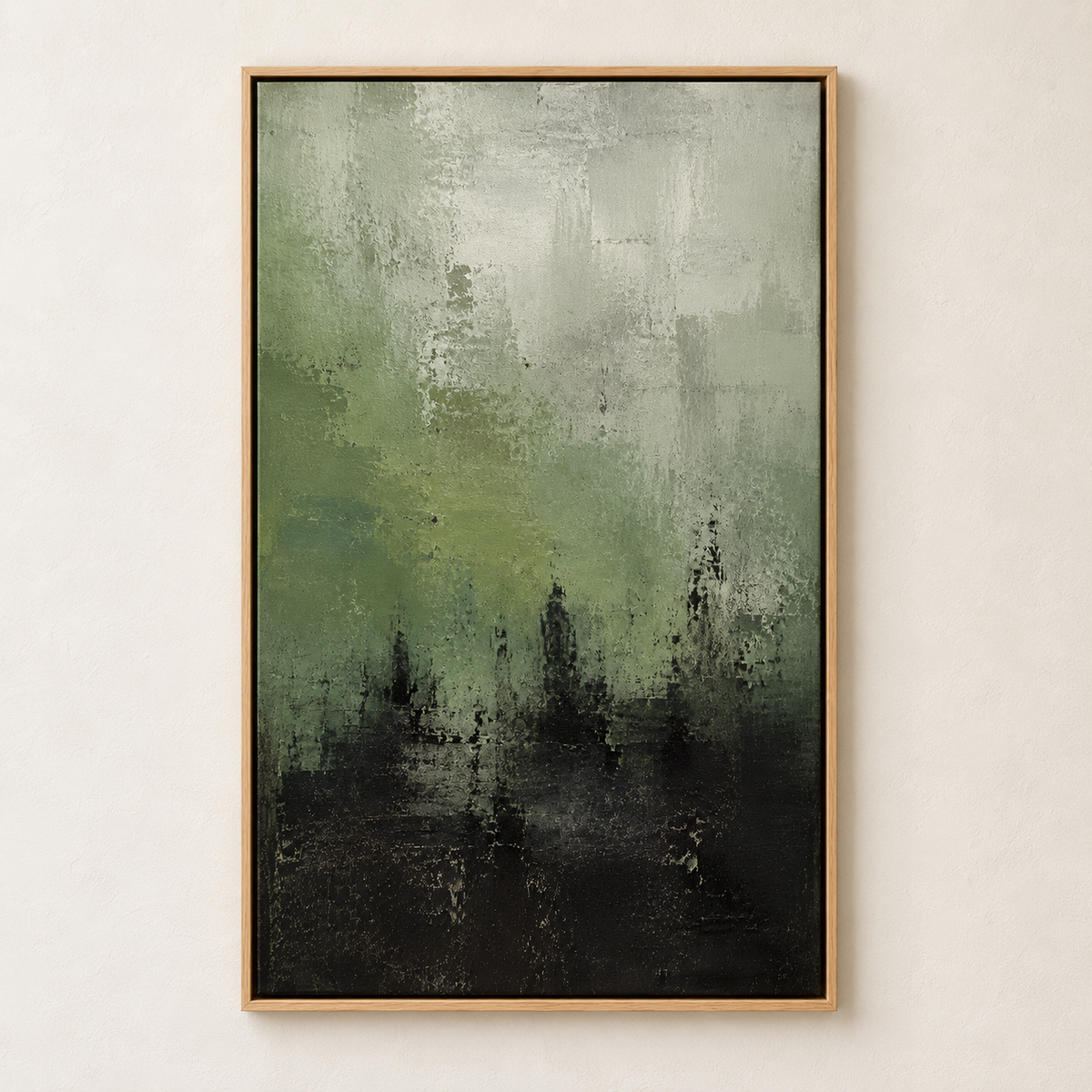 Moody abstract art canvas with sage green and black gradient shown on a plain wall – Verdigris Horizon by Rossetti Art