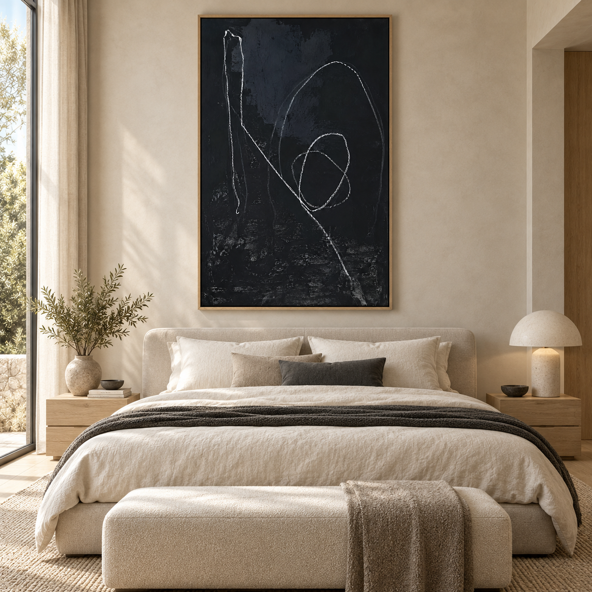 Black and white line art canvas hanging above a bed in a bedroom – Loose Thread by Rossetti Art
