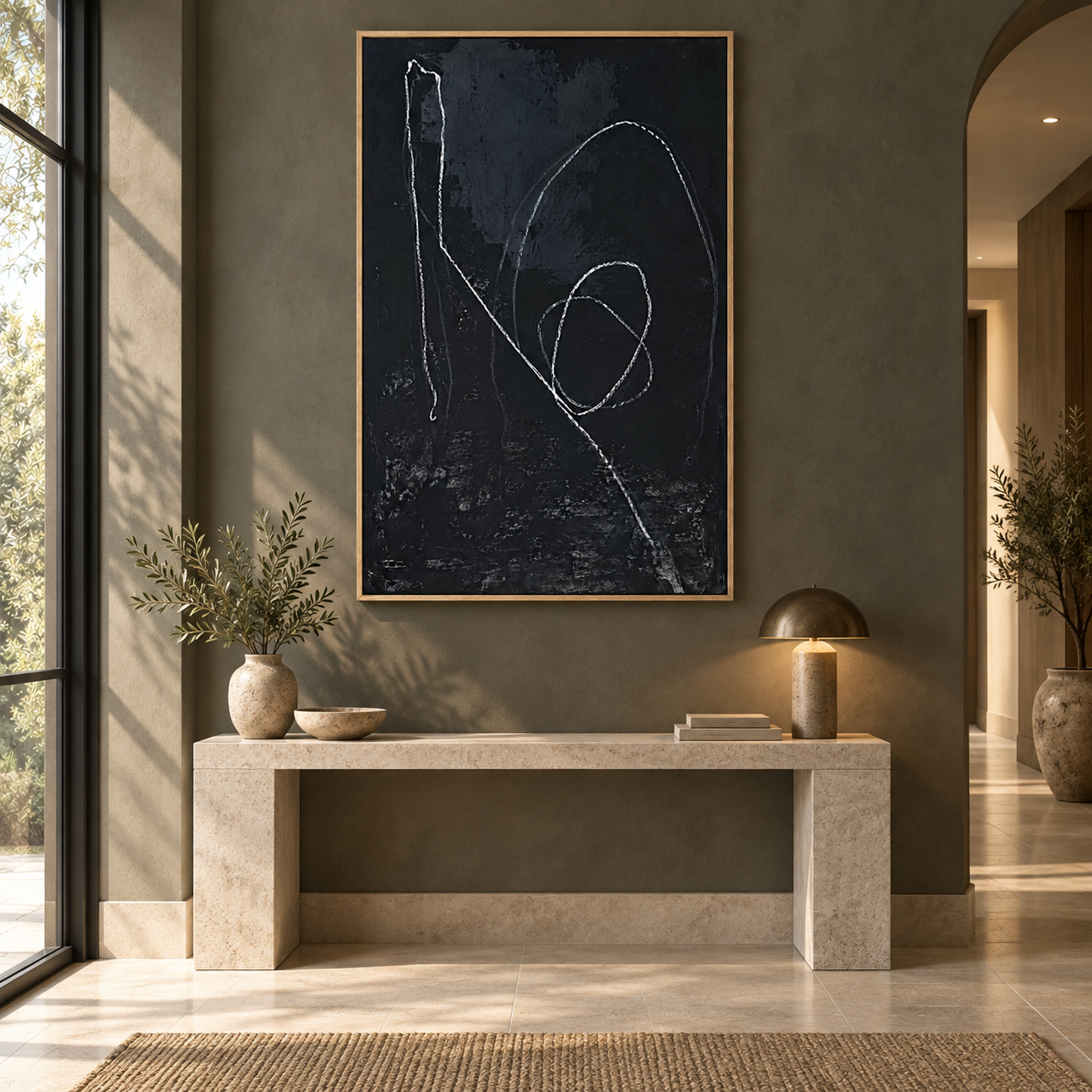 Abstract line drawing hanging above a console table in an entryway – Loose Thread by Rossetti Art