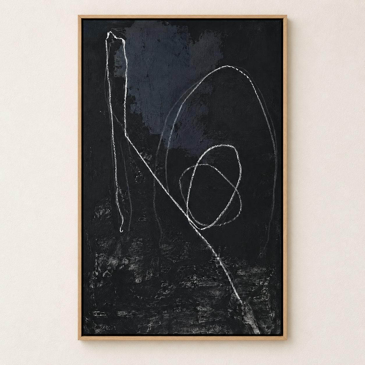 Abstract line drawing on black canvas shown on a plain wall – Loose Thread by Rossetti Art