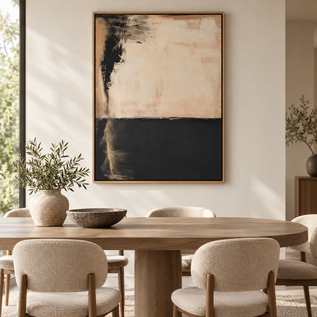 Black and beige painting – Ember Divide above a dining table