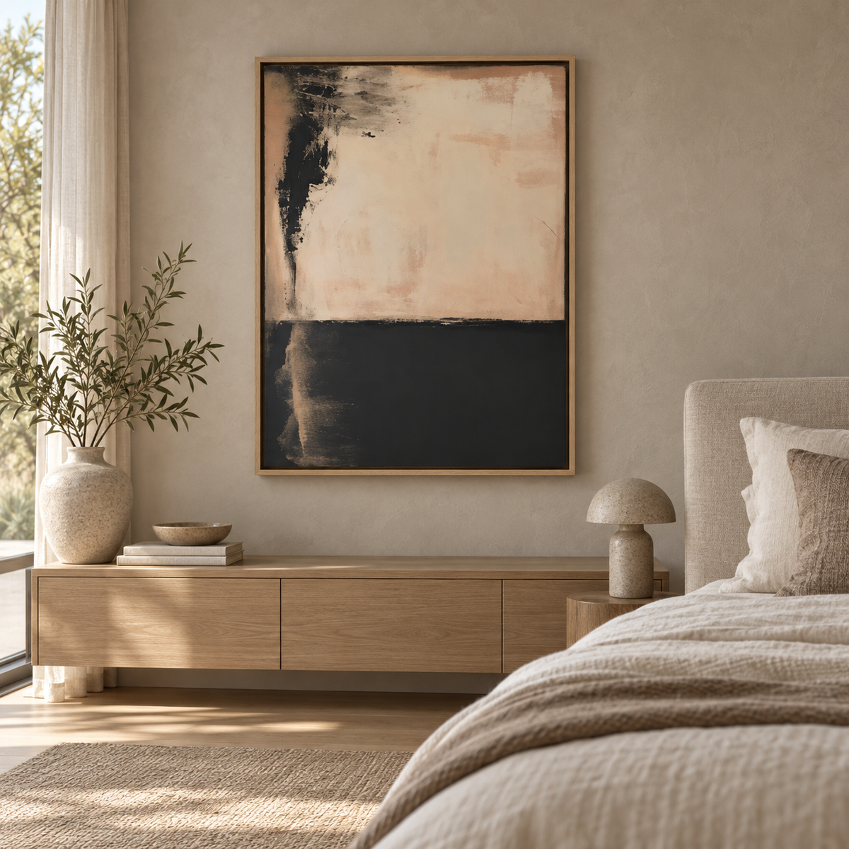 Black and beige painting – Ember Divide in a neutral bedroom