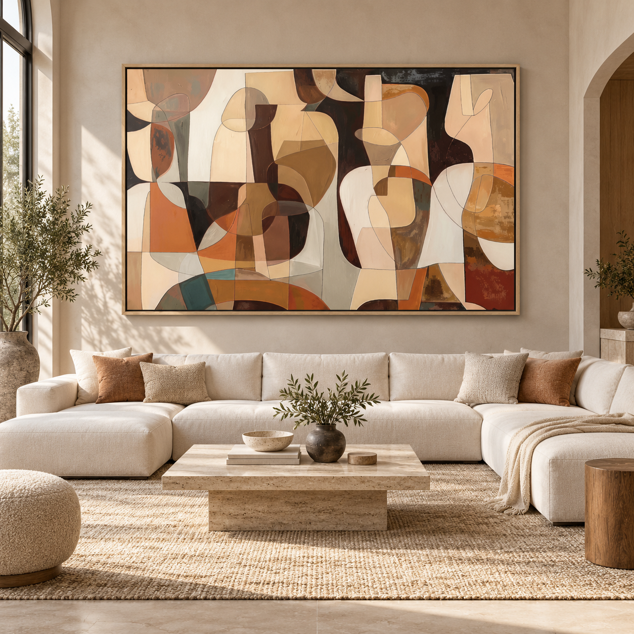 Abstract figures painting above a cream sectional sofa in a living room – Terracotta Assembly by Rossetti Art