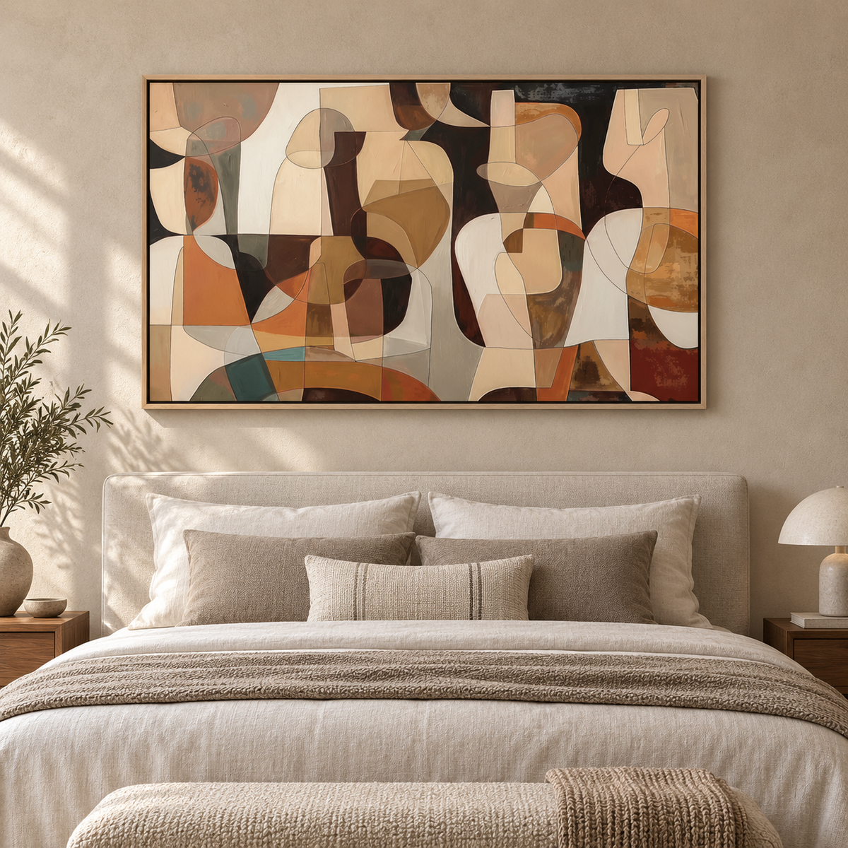 Abstract figures painting above a bed in a warm neutral bedroom – Terracotta Assembly by Rossetti Art