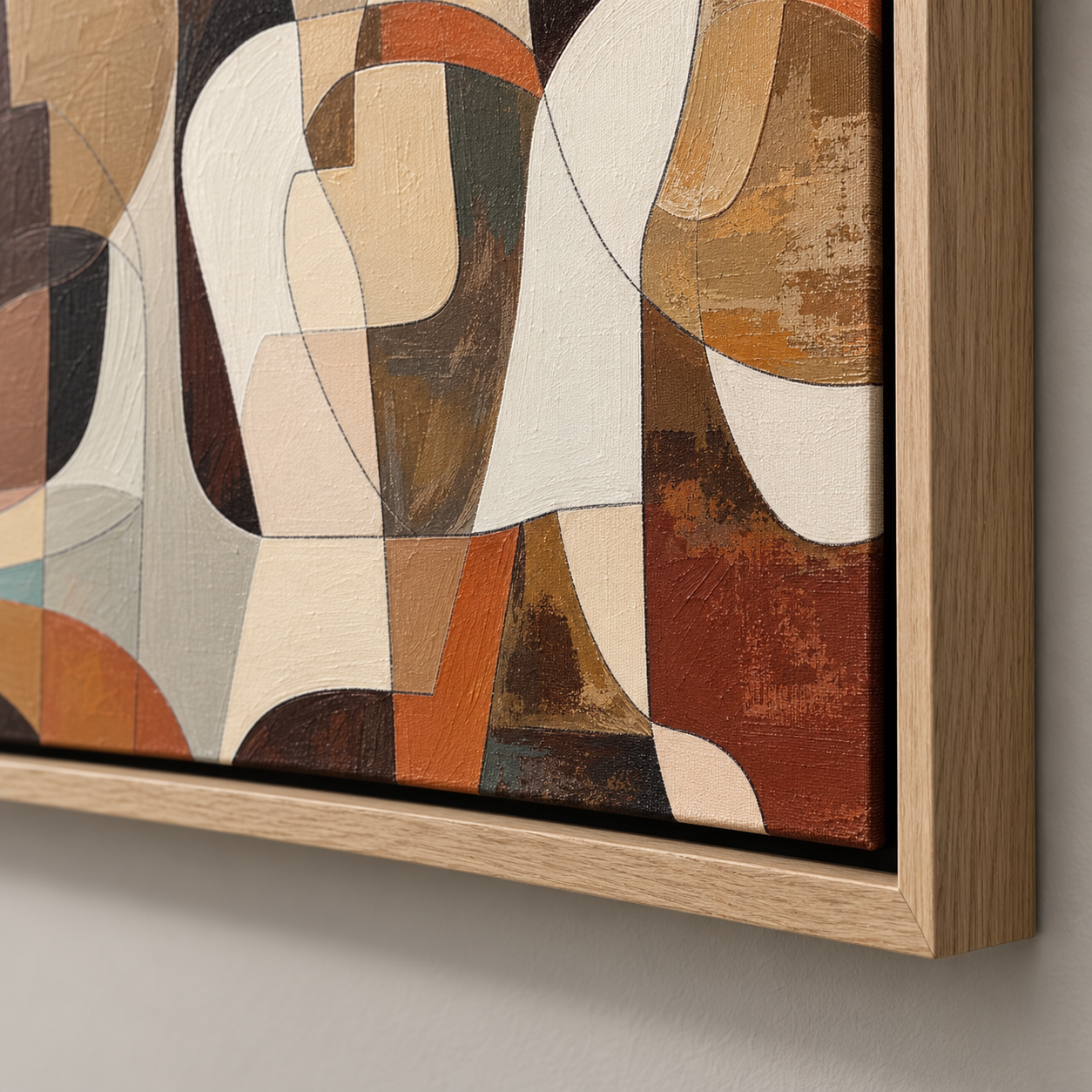 Close-up detail of the textured brushwork and oak float frame on Terracotta Assembly by Rossetti Art