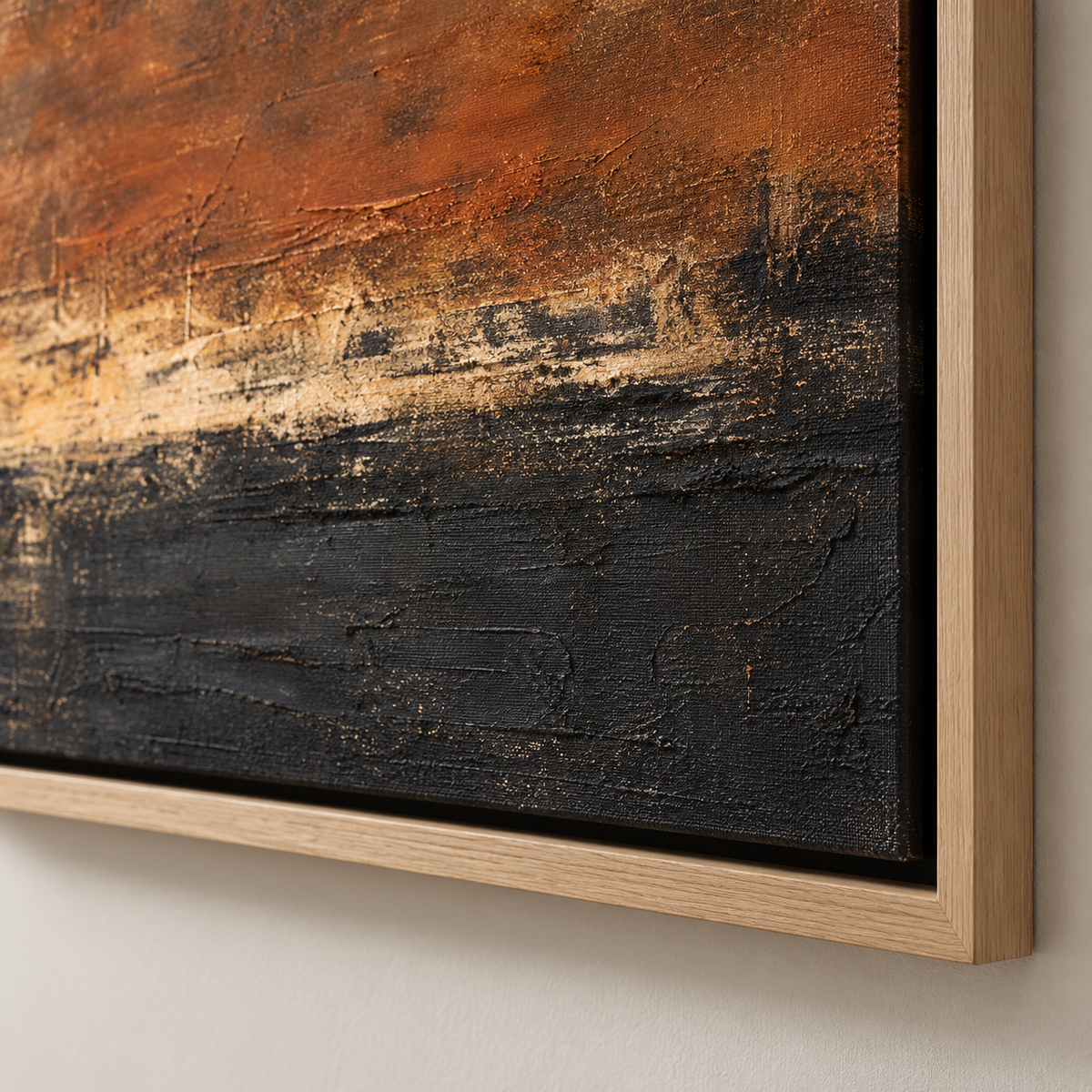 Close-up detail of the textured brushwork and oak float frame on Scorched Horizon by Rossetti Art