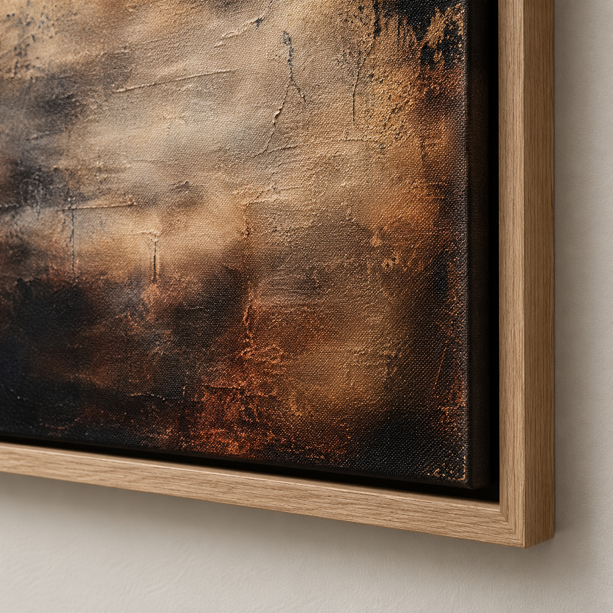 Close-up detail of the textured brushwork and oak float frame on Ember Veil by Rossetti Art