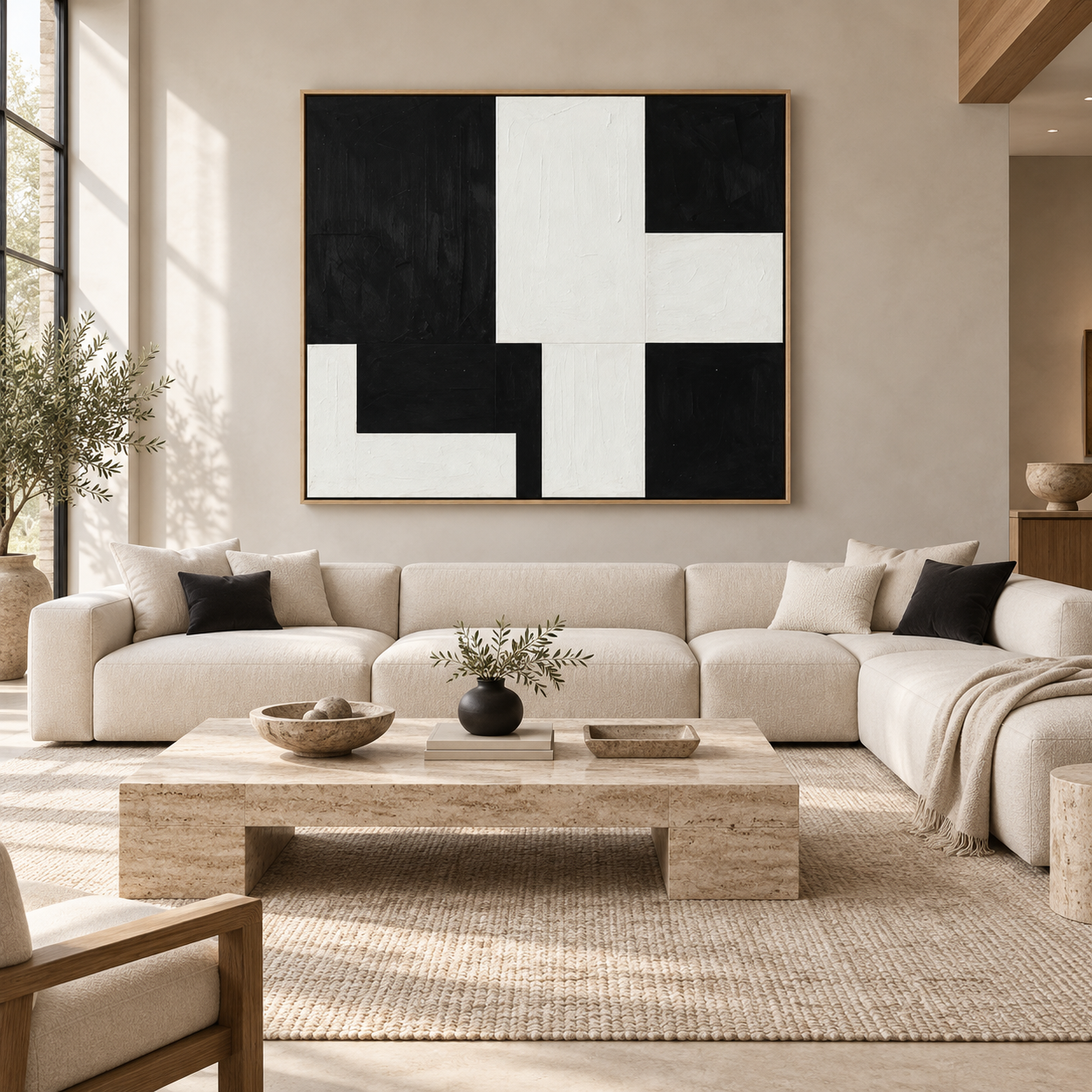 Broken Grid color block painting hung above a living room sofa by Rossetti Art