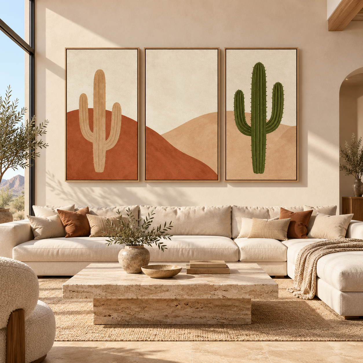 Cactus wall art set of three canvases in a warm living room — Desert Trio by Rossetti Art