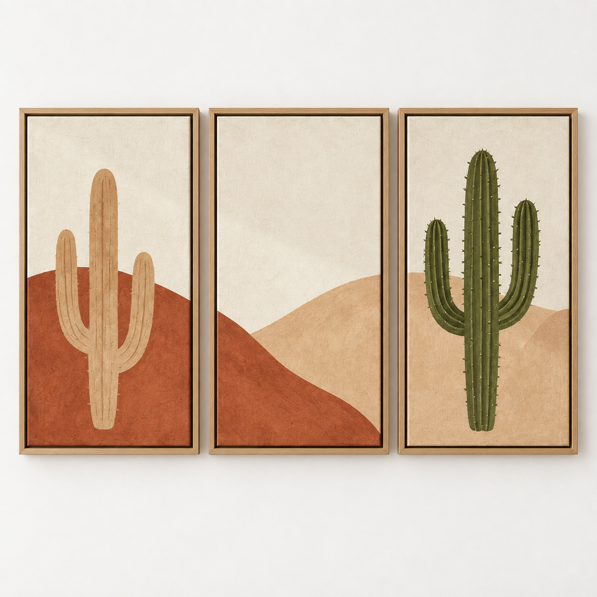 Flat view of the cactus wall art three-panel desert set — Desert Trio by Rossetti Art