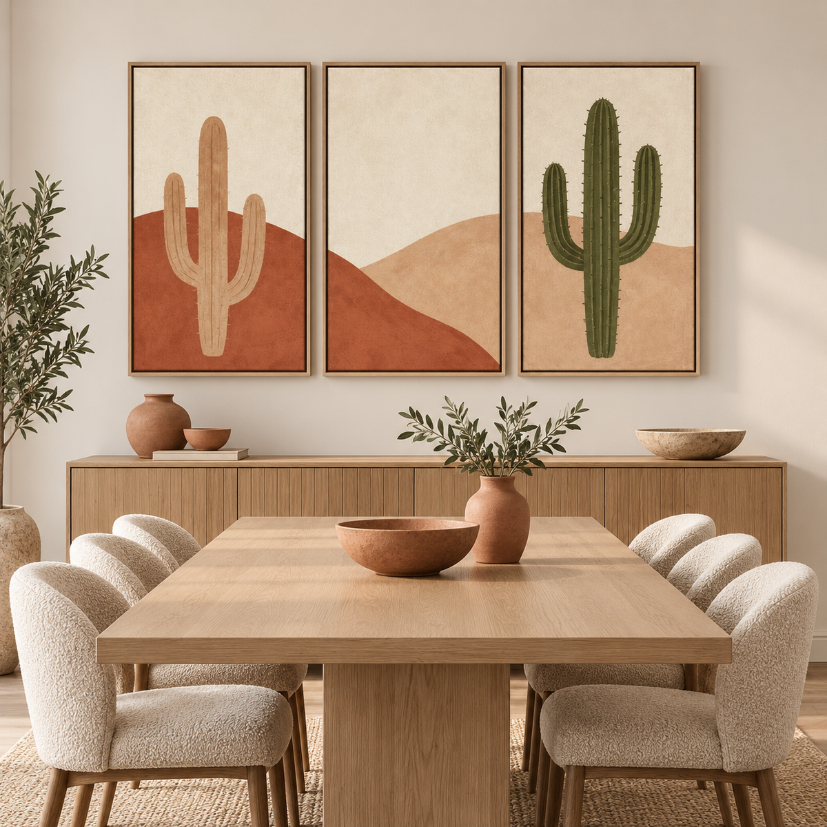 Cactus wall art set framed above a wooden dining table — Desert Trio by Rossetti Art