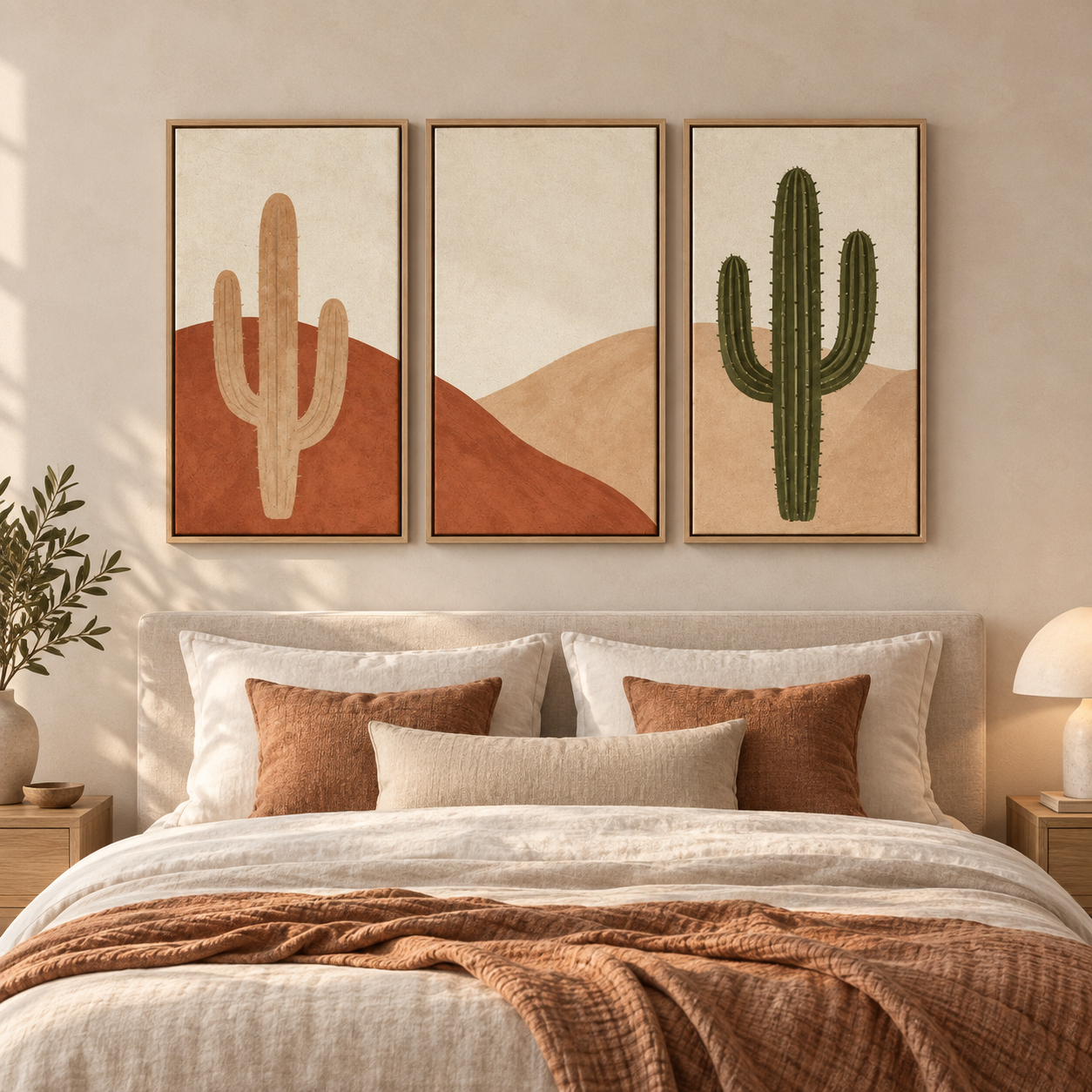 Cactus wall art set hung above a bed in a warm bedroom — Desert Trio by Rossetti Art