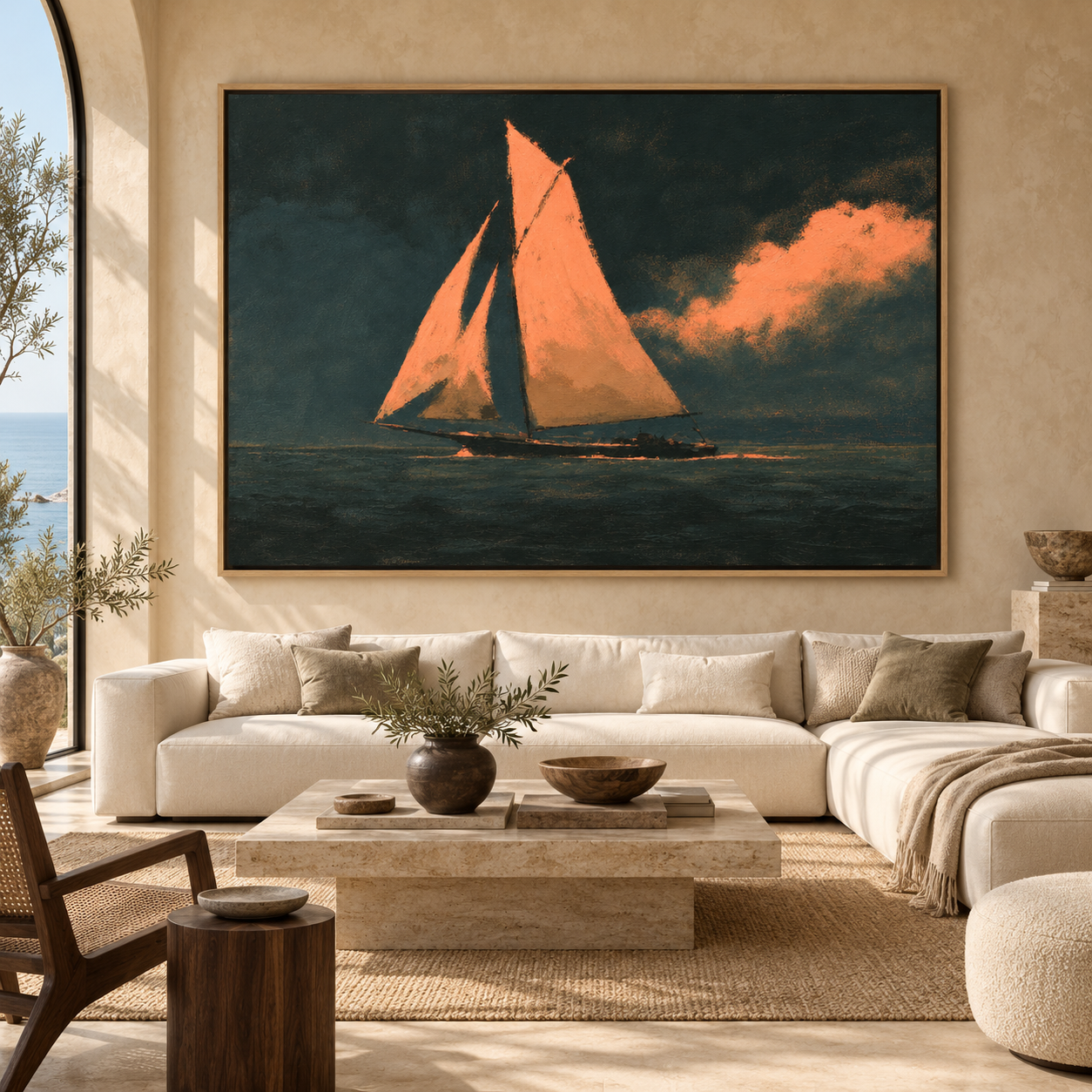 Sailboat painting above a living room sofa – Coral Wind by Rossetti Art