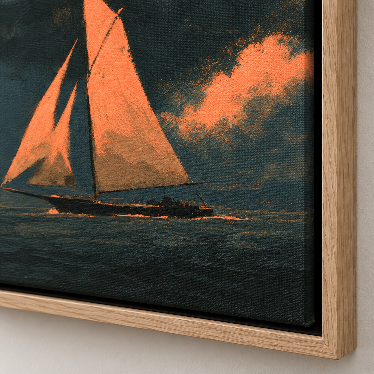 Close-up detail of the textured brushwork and oak float frame on Coral Wind by Rossetti Art