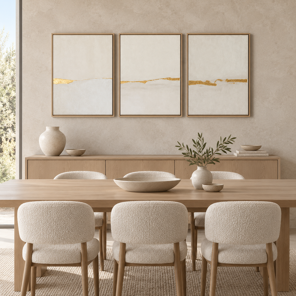 Gold Leaf Wall Art — Gilded Horizon triptych hanging above a wood sideboard in a warm neutral dining room