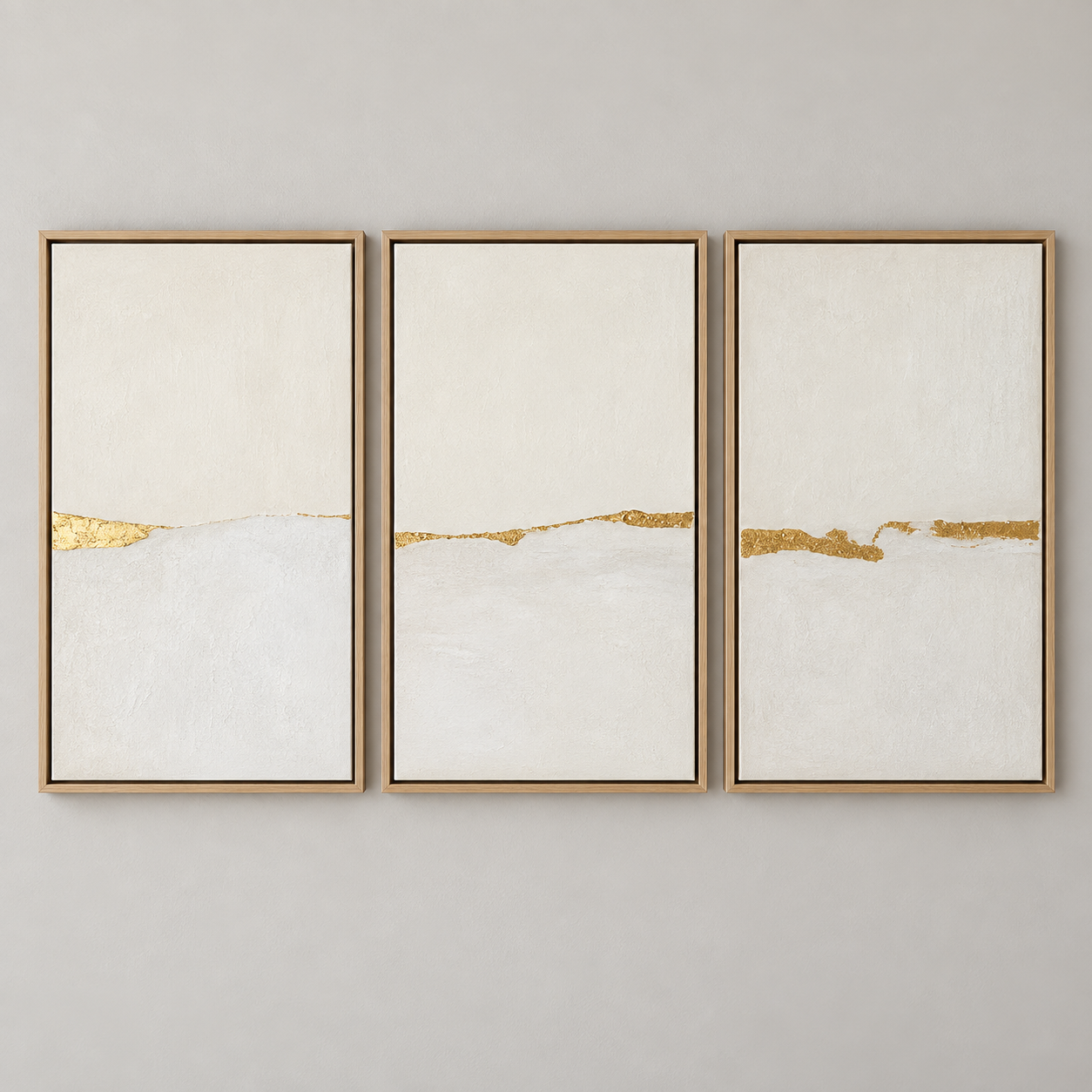 Gold Leaf Wall Art — Gilded Horizon triptych, clean product shot of all three oak-framed panels