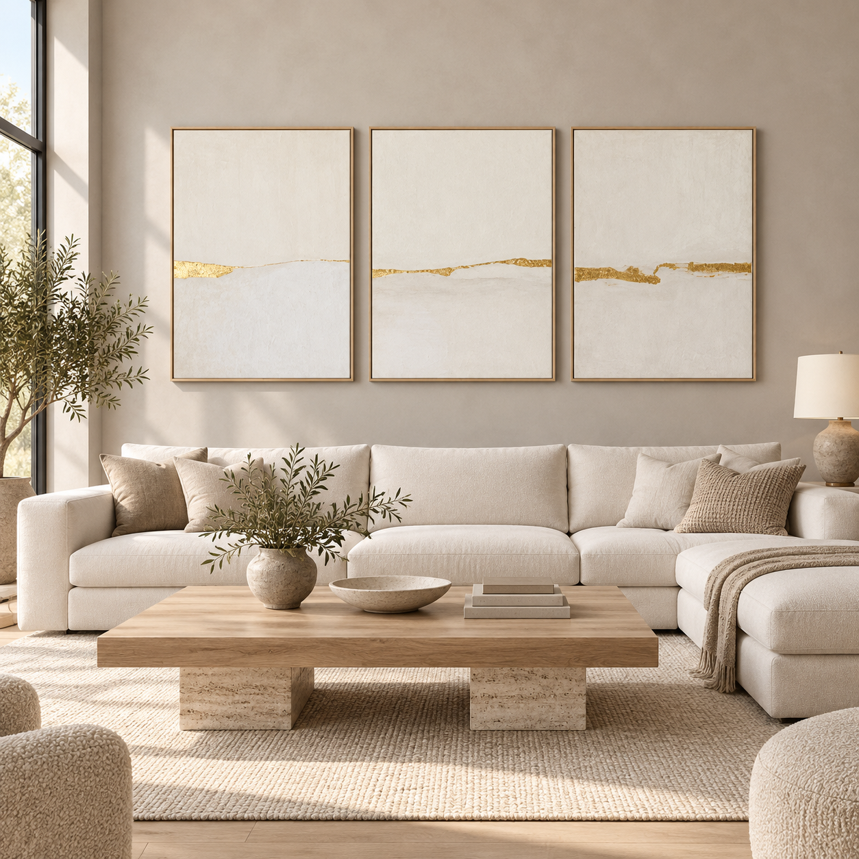 Gold Leaf Wall Art — Gilded Horizon triptych hanging above a cream sectional sofa in a minimalist living room