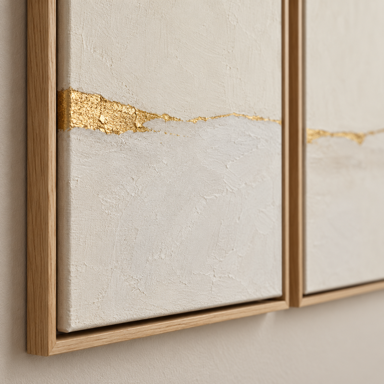 Close-up detail of the genuine gold leaf horizon line and oak float frame on Gilded Horizon