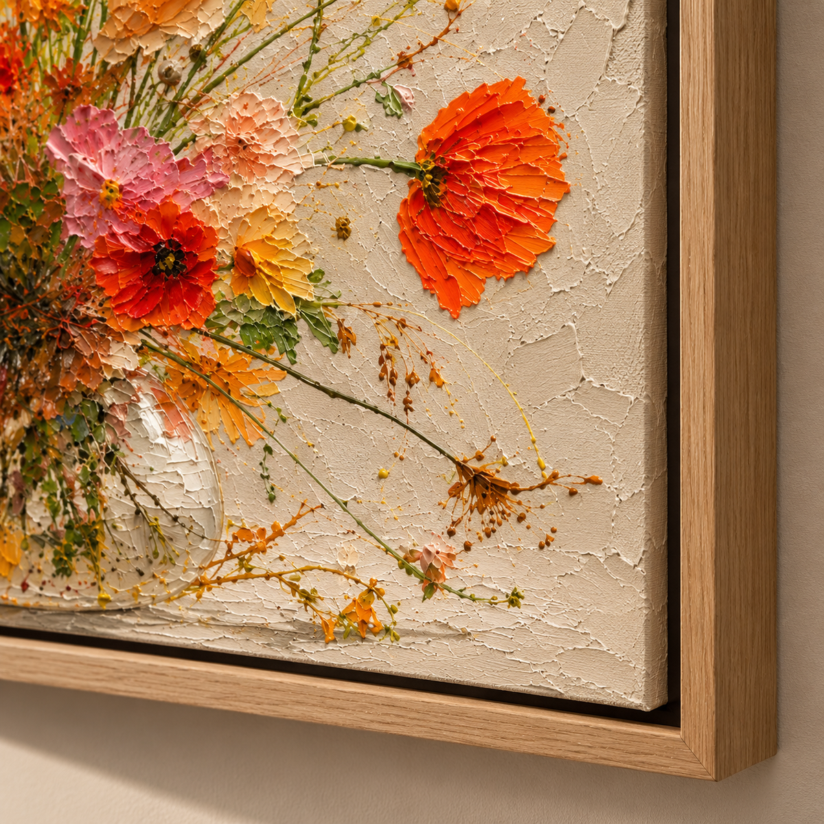 Poppy Painting — Golden Meadow, detail close-up of impasto texture in poppies and wildflowers