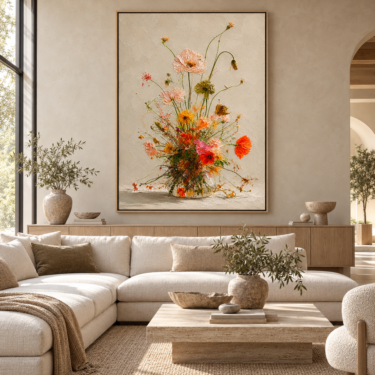 Poppy Painting — Golden Meadow hanging above a cream sectional sofa in a minimalist living room
