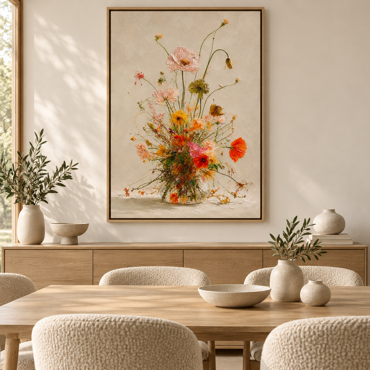 Poppy Painting — Golden Meadow hanging above a wood sideboard in a warm dining room