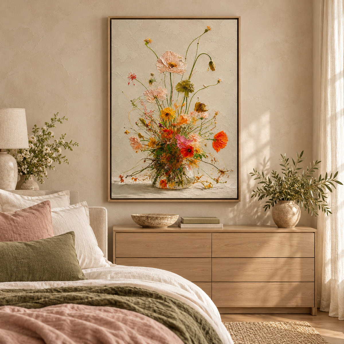 Poppy Painting — Golden Meadow hanging above a bed in a warm neutral bedroom