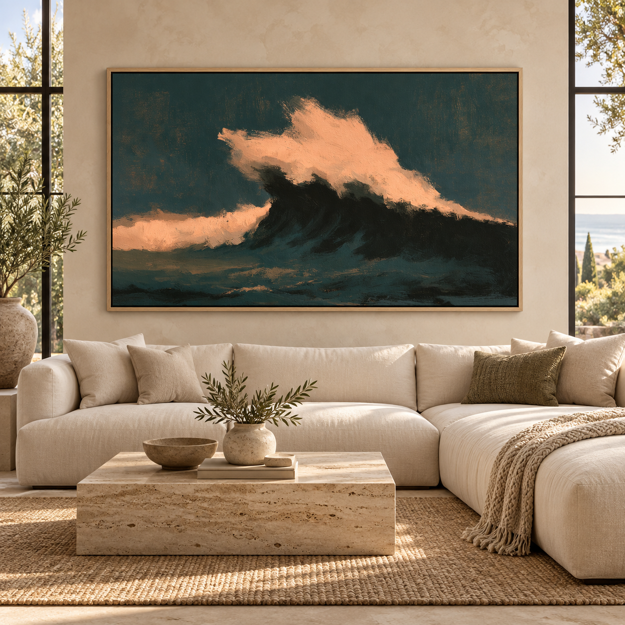 Detail close-up of the impasto texture and oak float frame on Wave Painting — Midnight Break