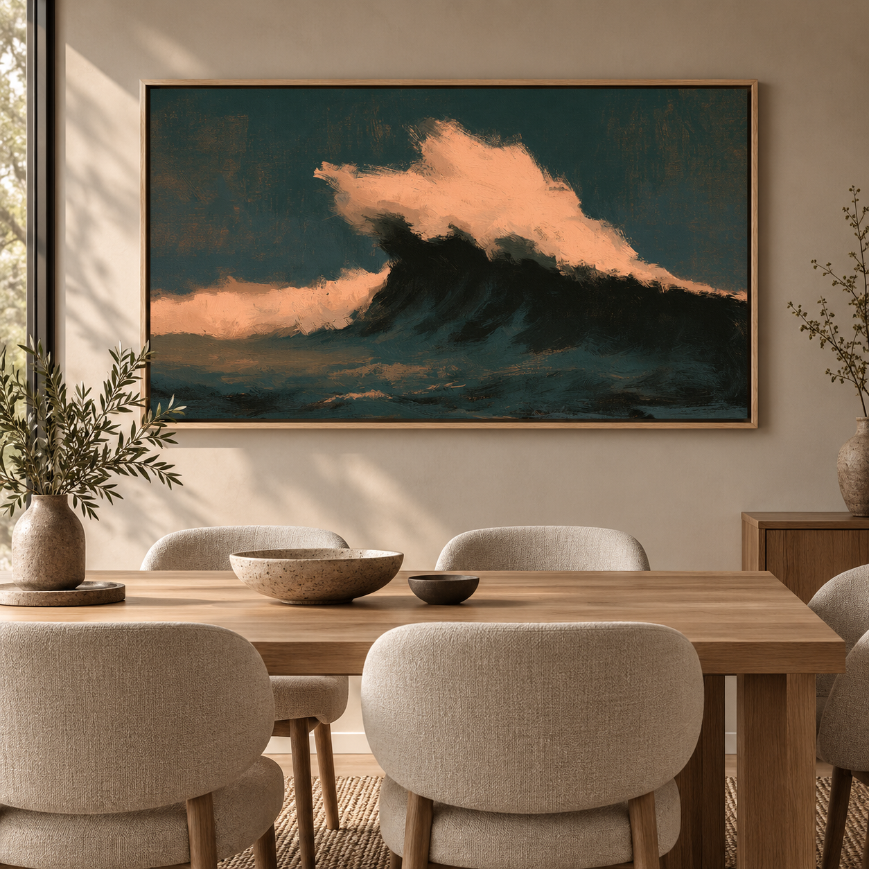 Wave Painting — Midnight Break hanging above a cream sectional sofa in a minimalist living room