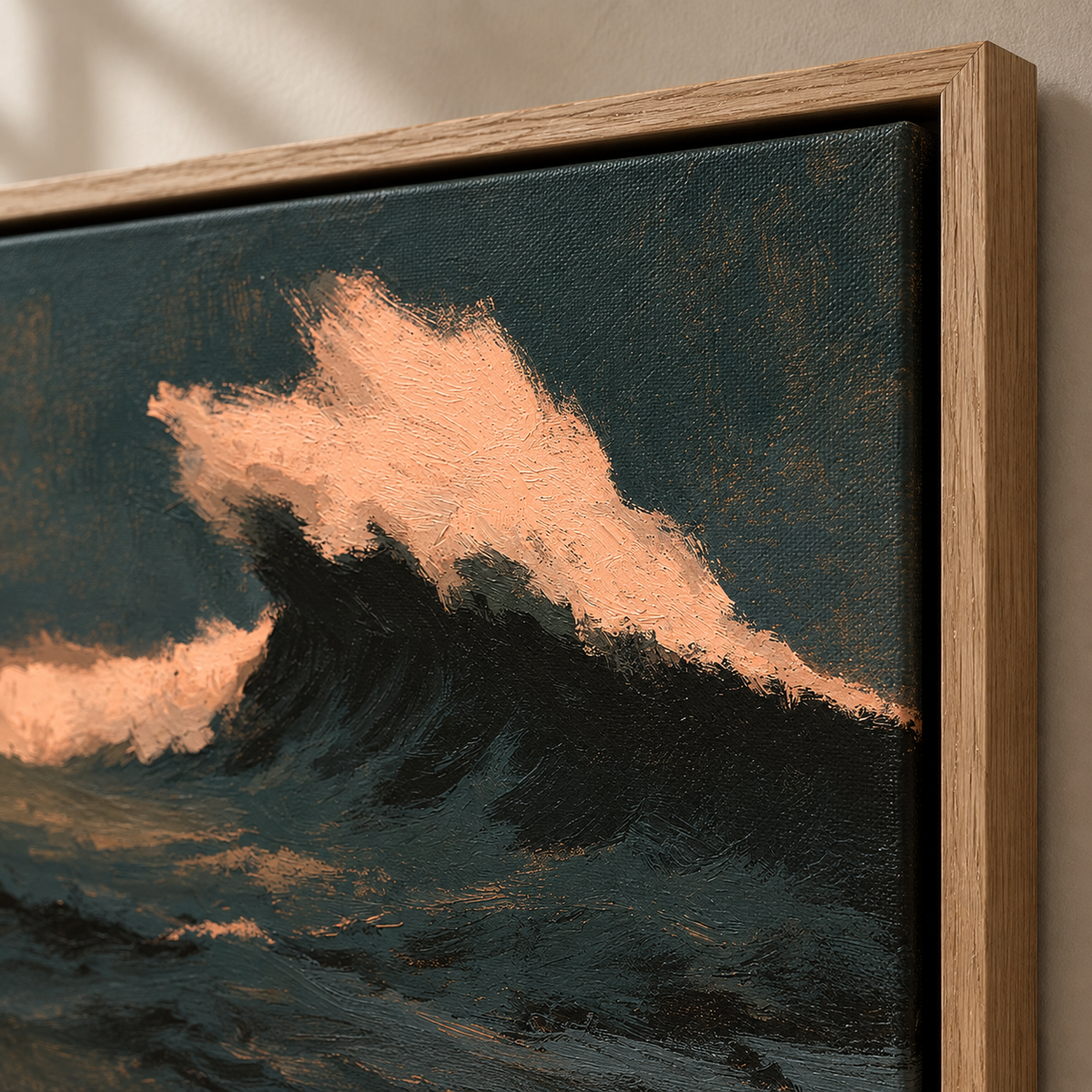 Wave Painting — Midnight Break hanging above a bed in a warm neutral bedroom
