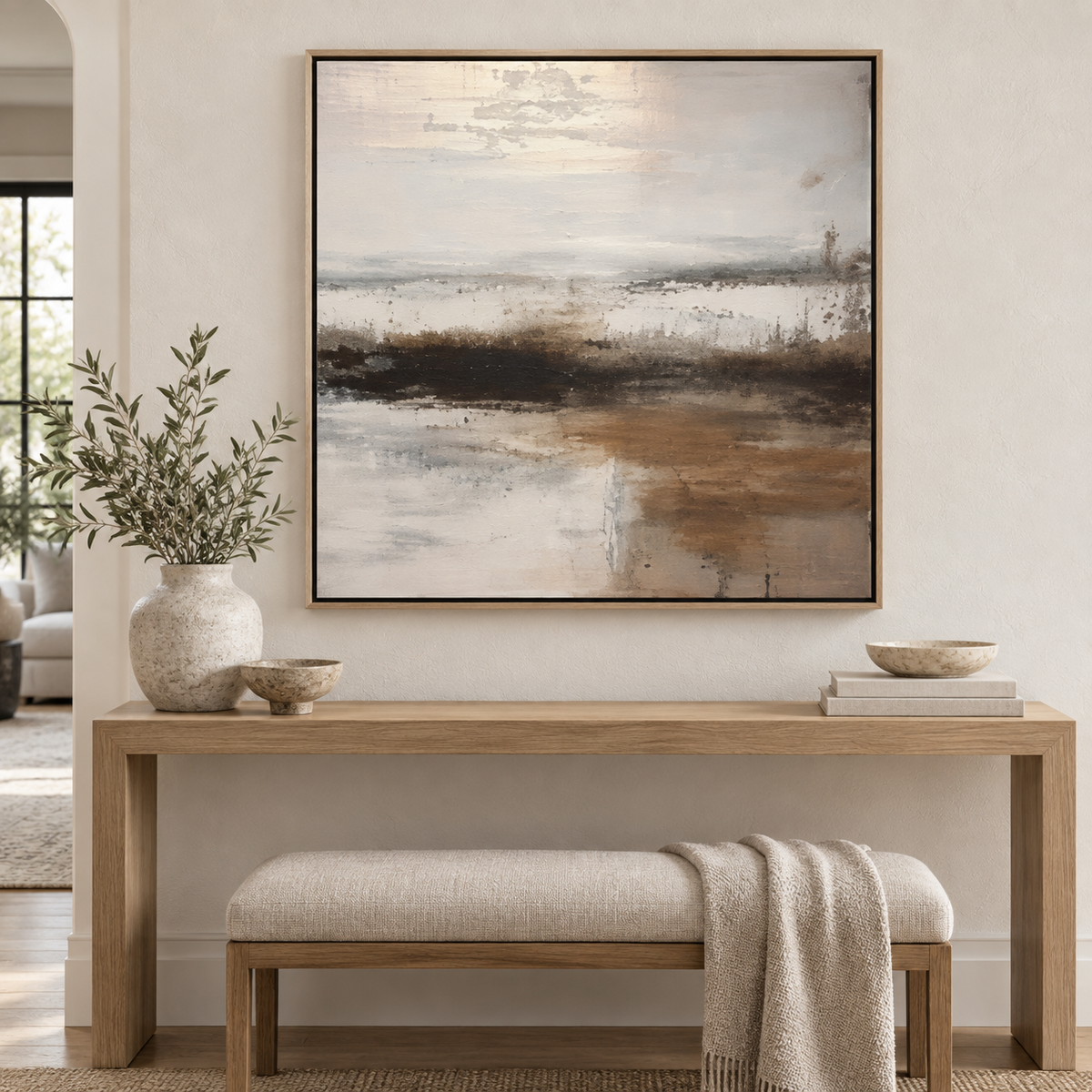 Golden Horizon painting above an entryway console table by Rossetti Art