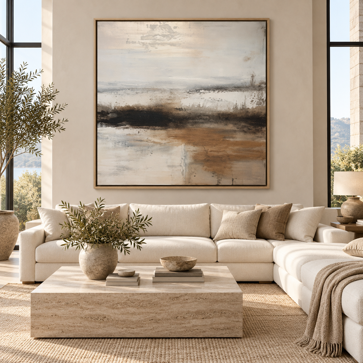 Golden Horizon painting displayed above a dining room table by Rossetti Art