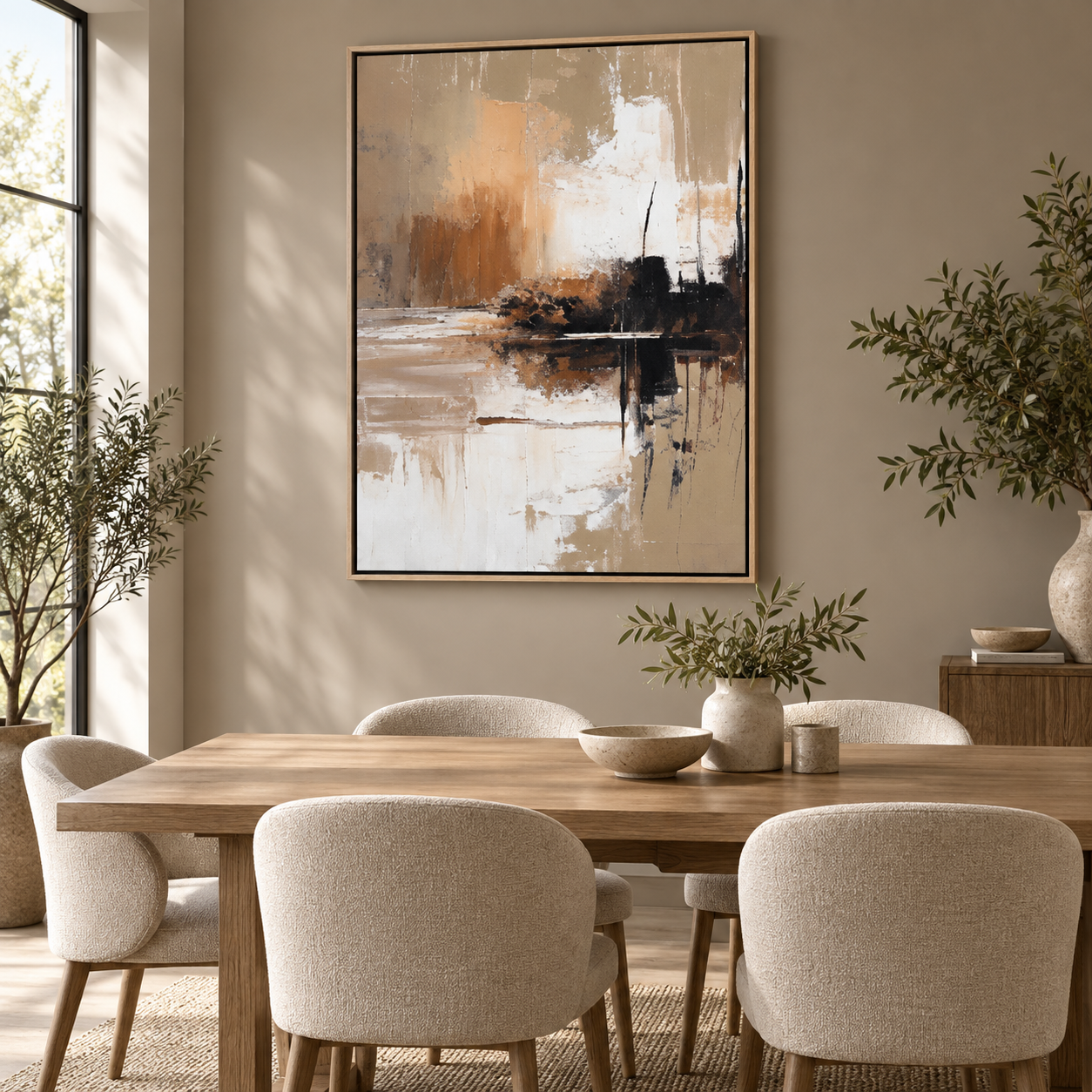 Copper Reflection painting hung above a dining room table by Rossetti Art