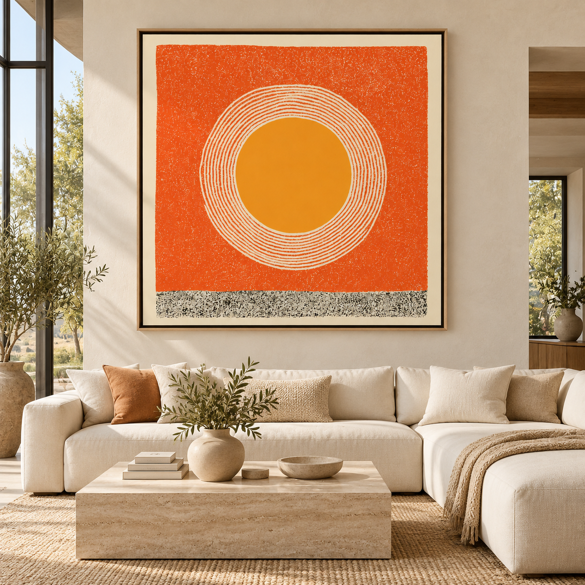 Sun painting in a warm living room above a beige sofa — Amber Halo by Rossetti Art