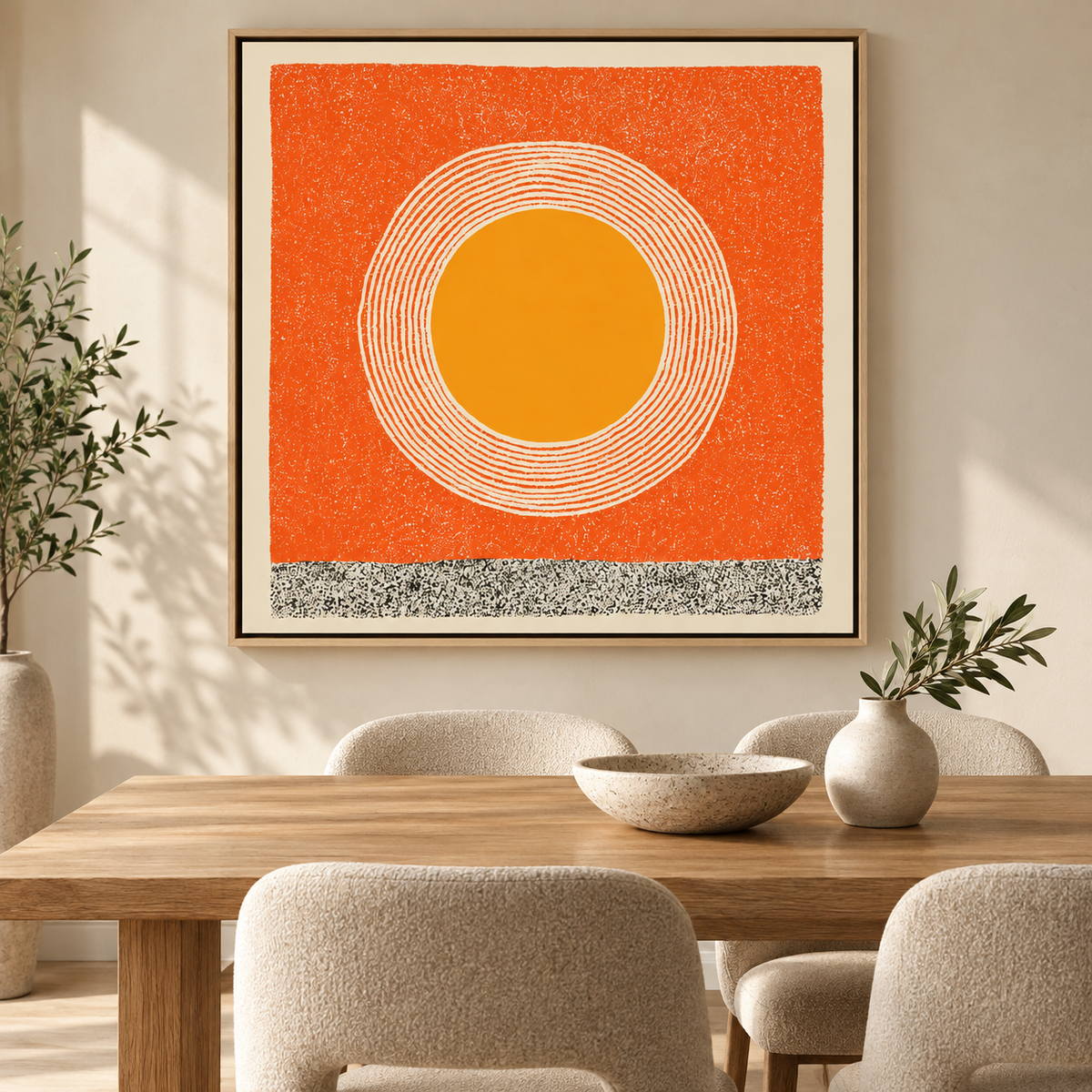 Sun painting framed above a wooden dining table — Amber Halo by Rossetti Art